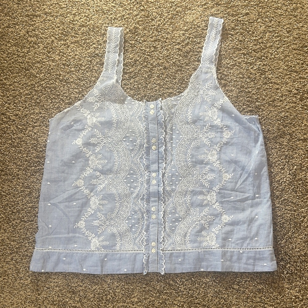 Sundance Blue & White Striped Embroidered Button-Front Tank Top